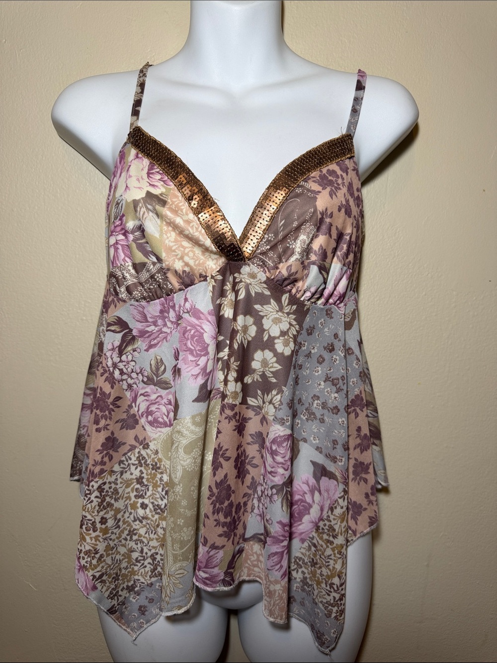 Floral Patchwork Spaghetti Strap Cami in Mauve and Taupe with Sequin Trim